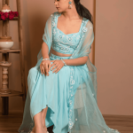 Aqua Bloom Draped Set with Embroidered Cape