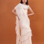 Ivory Ruffle Cascade Pre-Draped Saree with Pearl Blouse