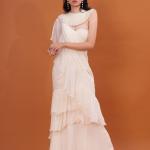 Ivory Ruffle Cascade Pre-Draped Saree with Pearl Blouse