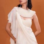Ivory Ruffle Cascade Pre-Draped Saree with Pearl Blouse