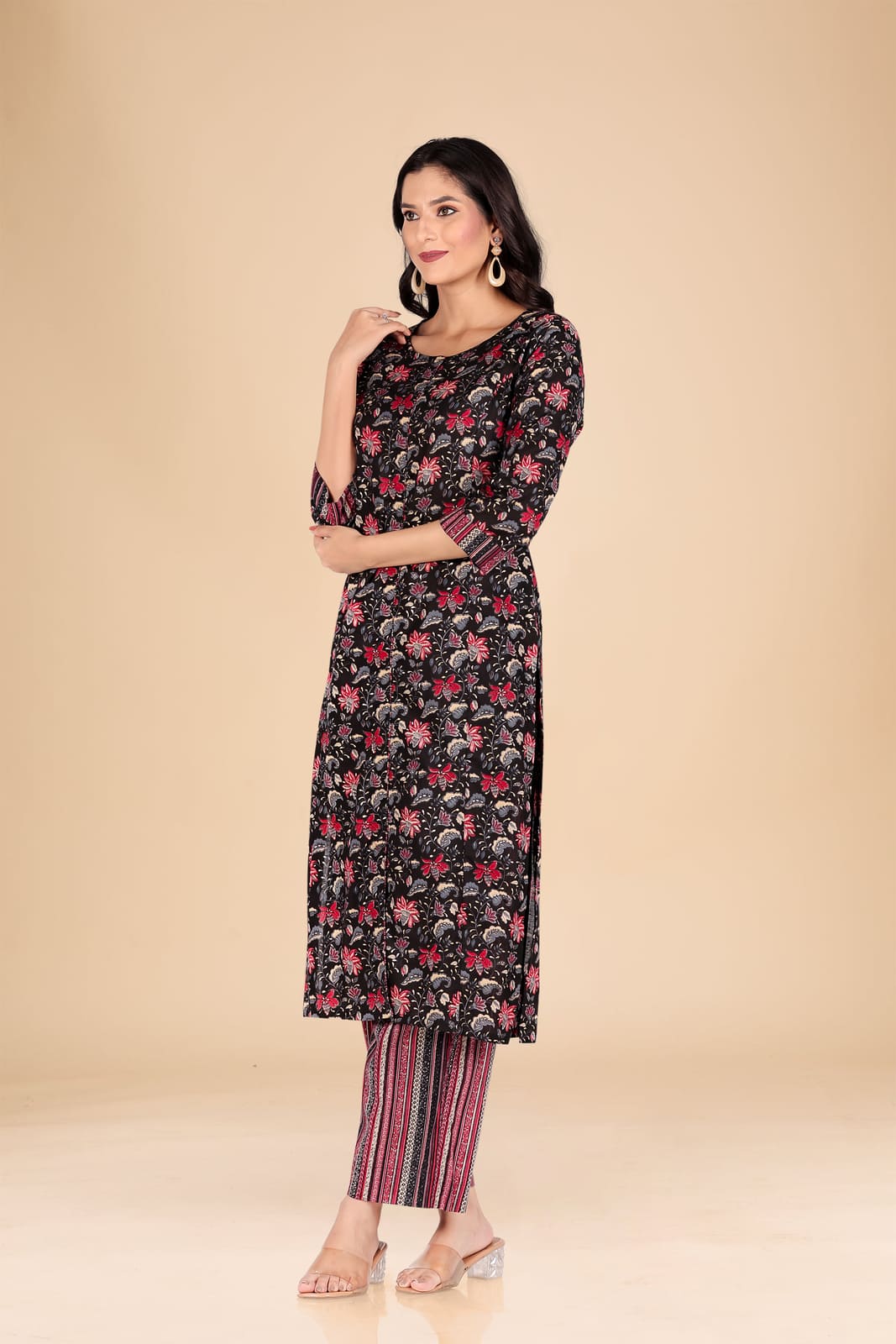 Black and Red Multicolor Floral Kurta Set