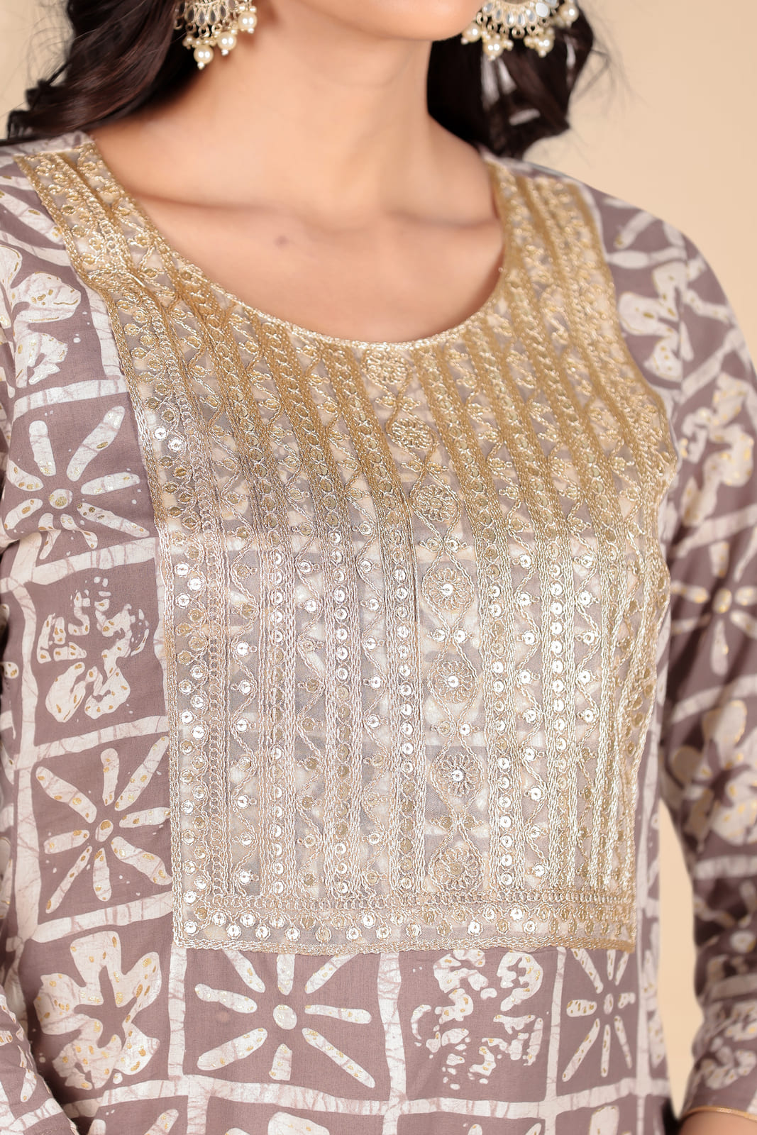 Light Brown Geometric Print Kurta Set