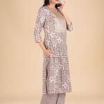 Light Brown Geometric Print Kurta Set