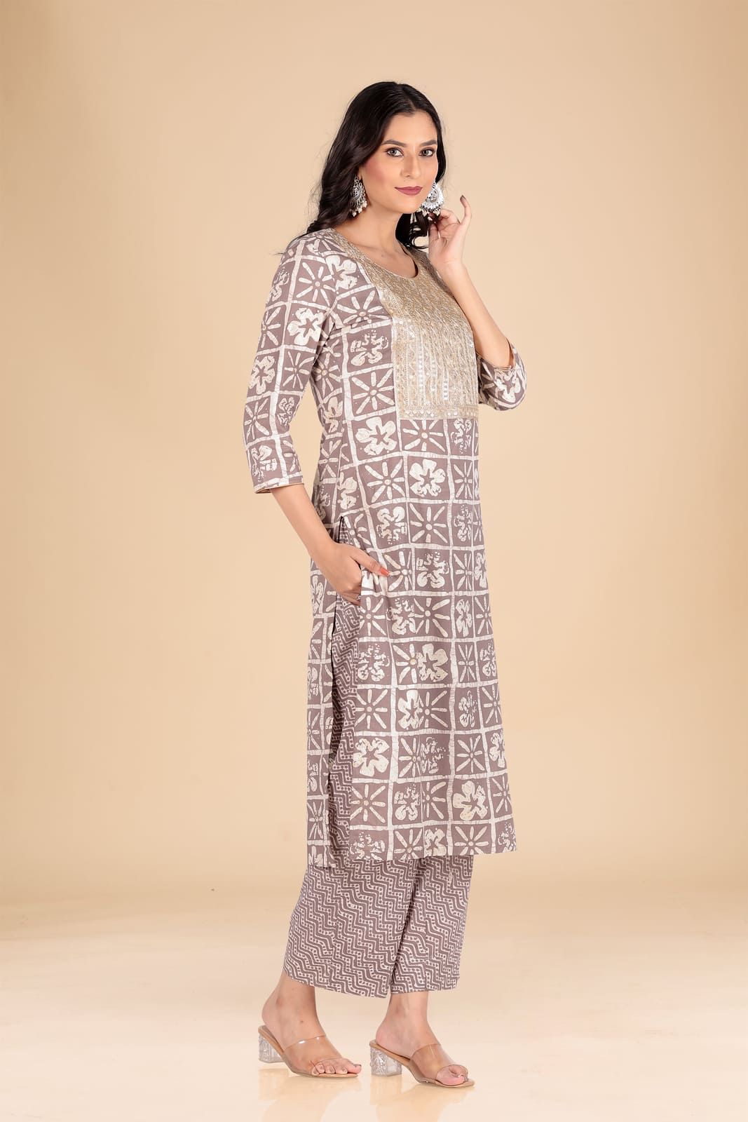 Light Brown Geometric Print Kurta Set