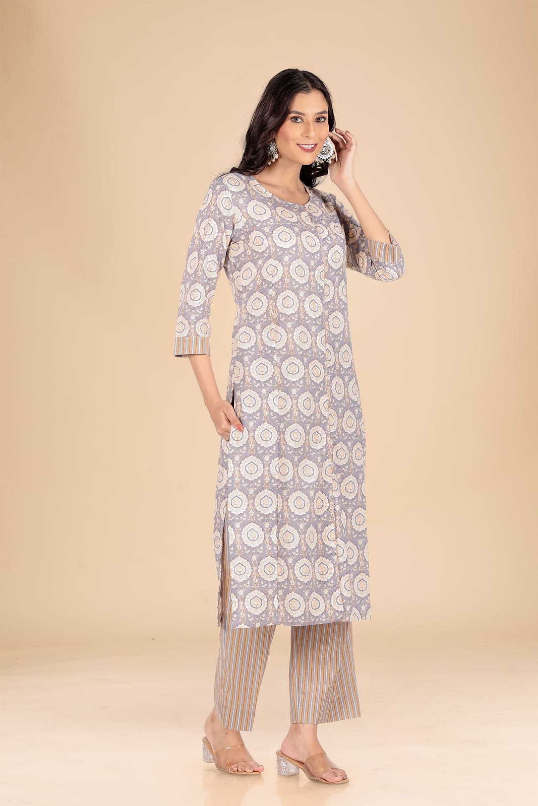 Grey and White Floral Kurta Set