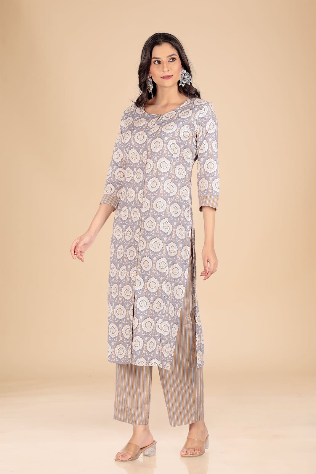 Grey and White Floral Kurta Set