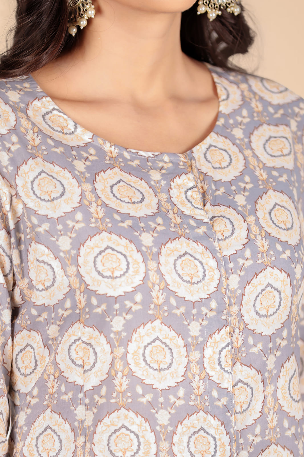 Grey and White Floral Kurta Set