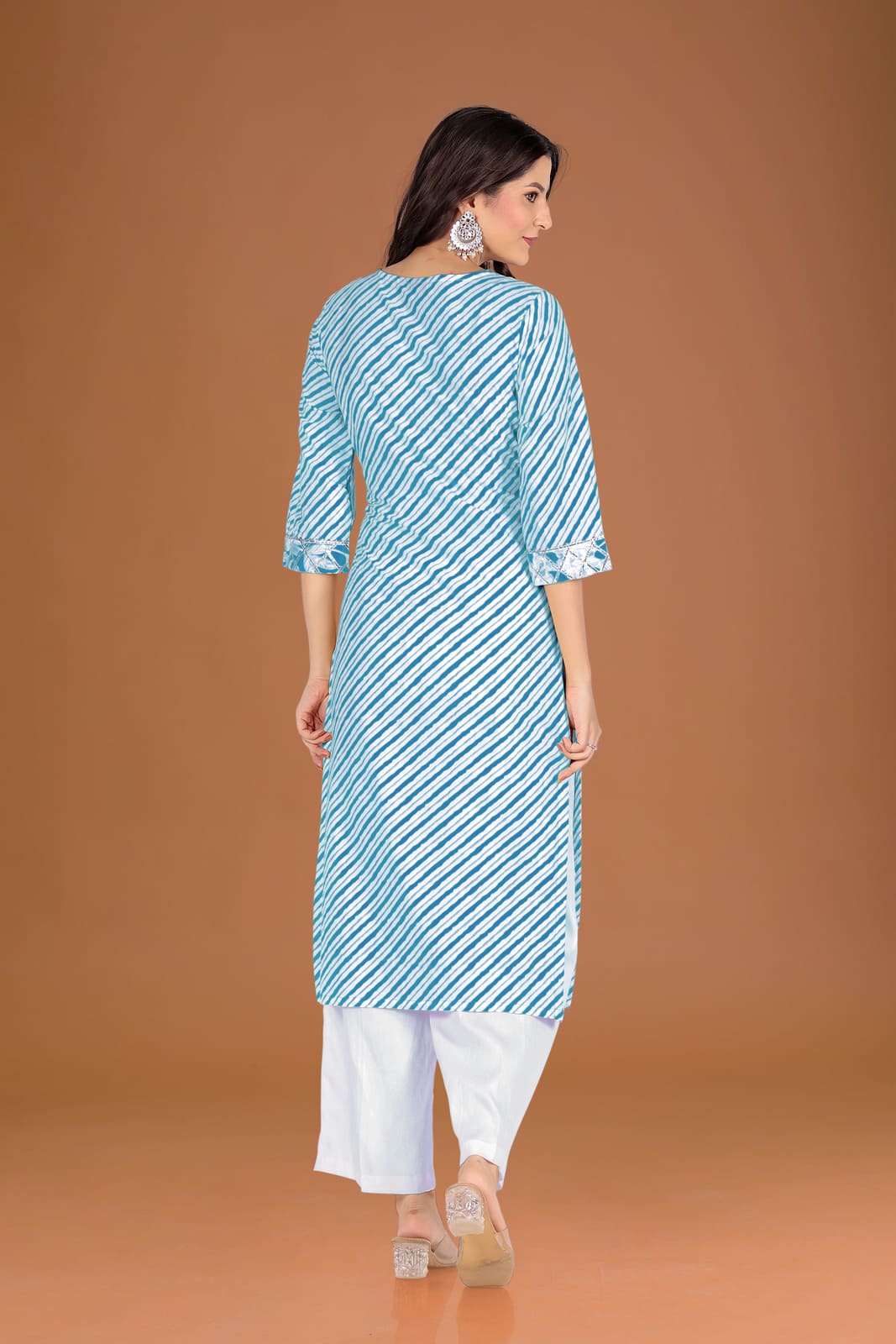 Blue White Leheriya Embroidered Kurta Set