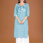 Blue White Leheriya Embroidered Kurta Set