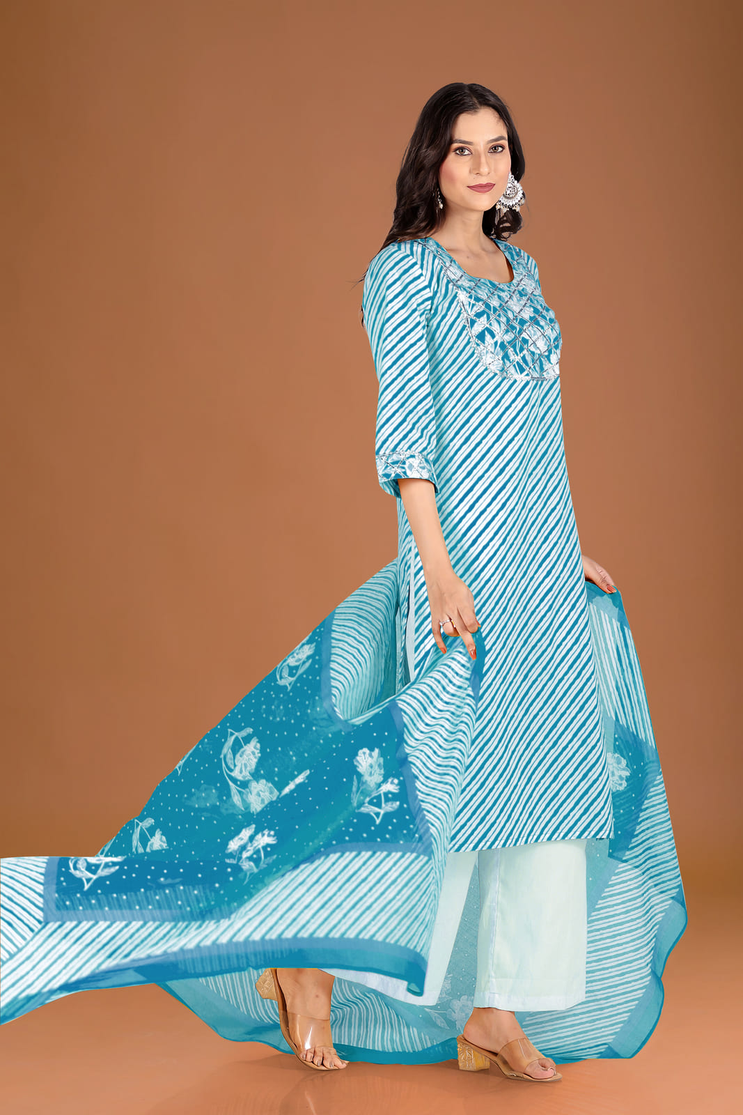 Blue White Leheriya Embroidered Kurta Set