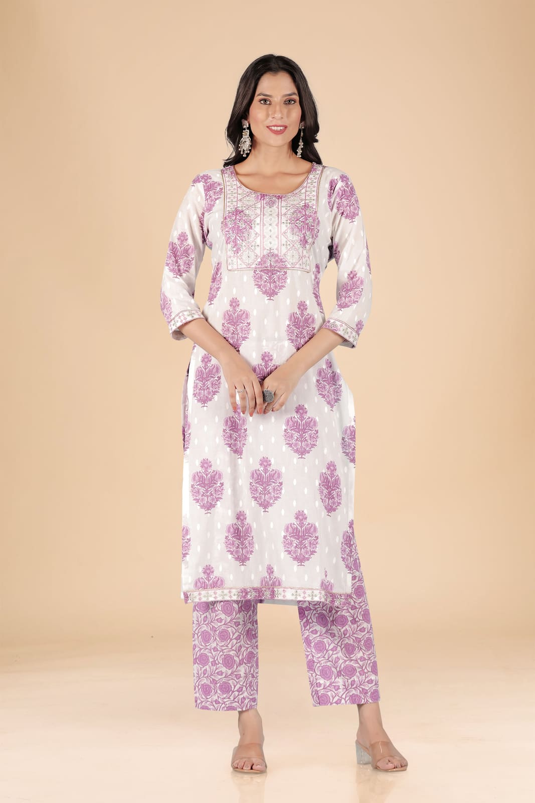 White Lavender Floral Embroidered Kurta Set