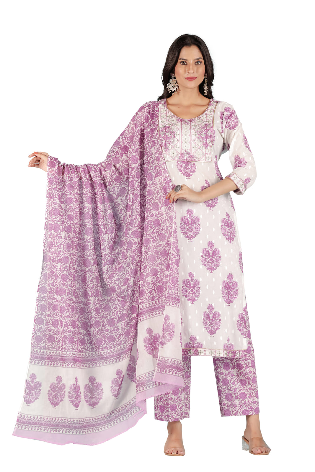 White Lavender Floral Embroidered Kurta Set