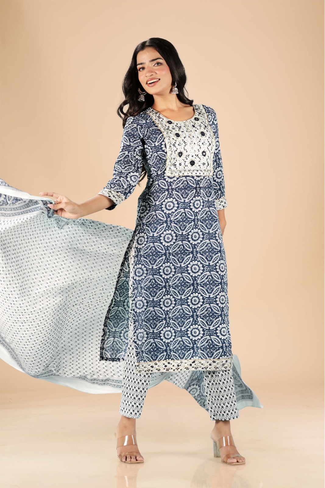 Indigo Floral Embroidered Kurta Set