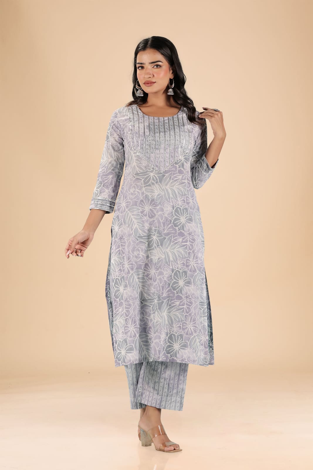 Grey Floral Kurta Set