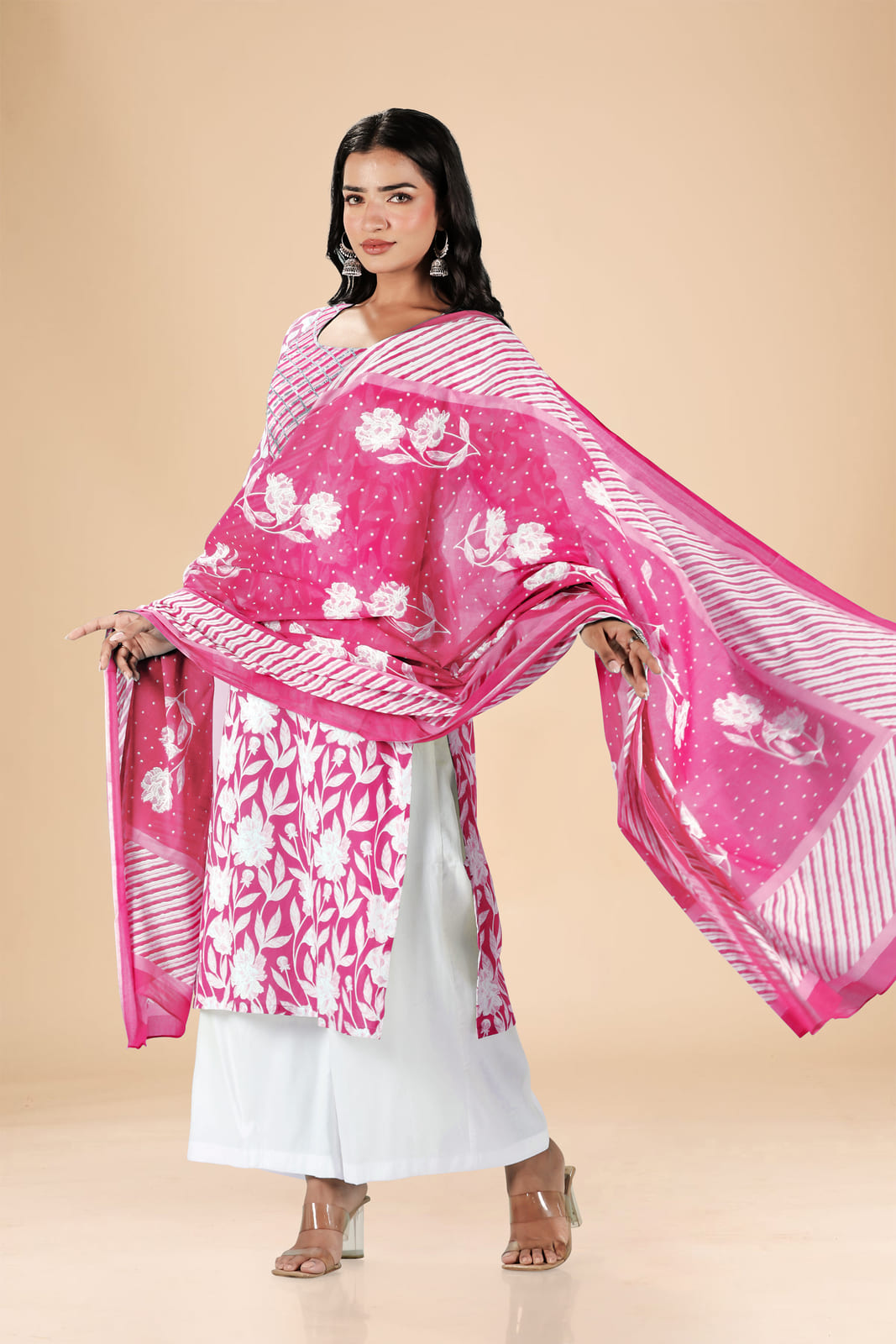 Pink White Floral Embroidered Kurta Set