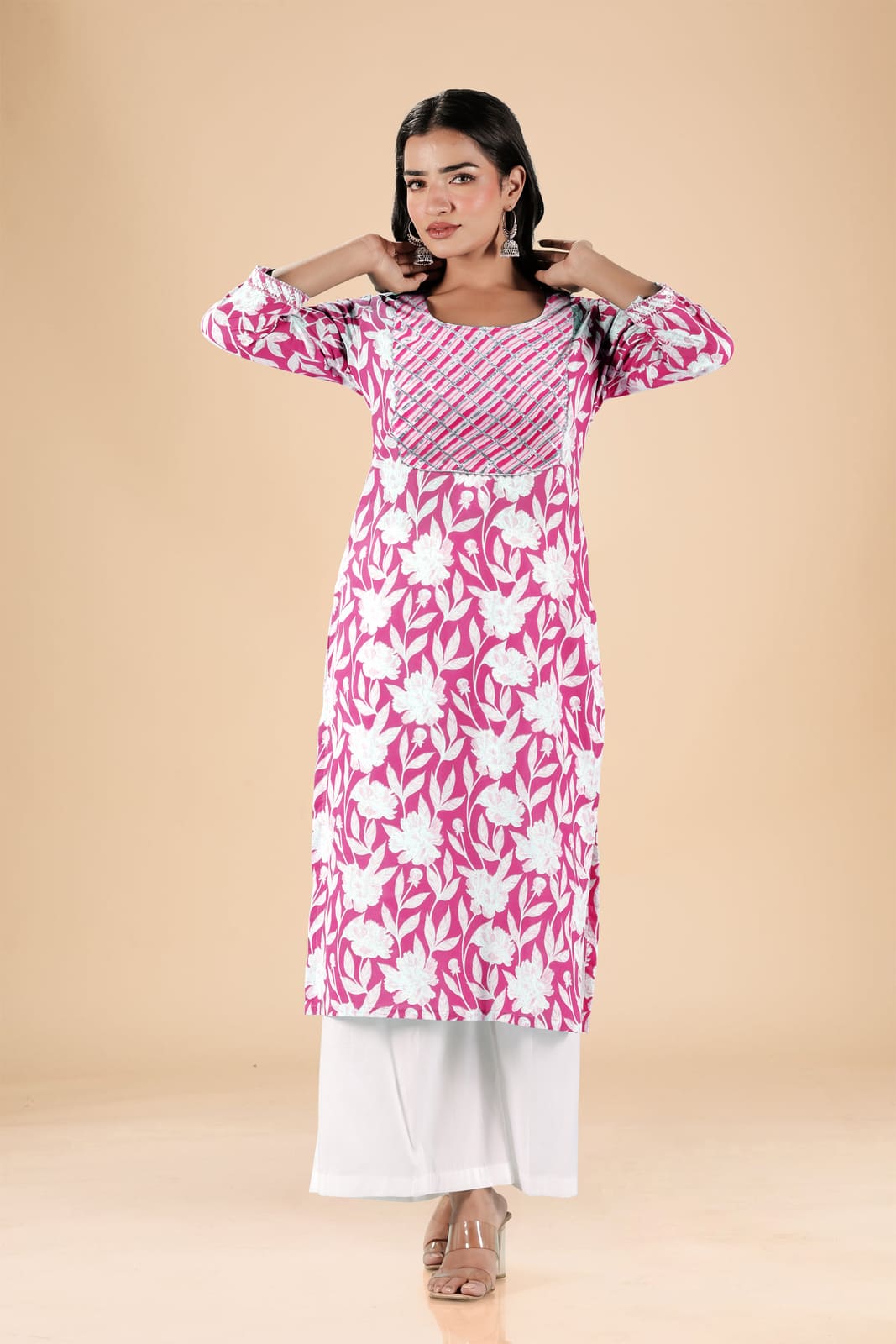 Pink White Floral Embroidered Kurta Set