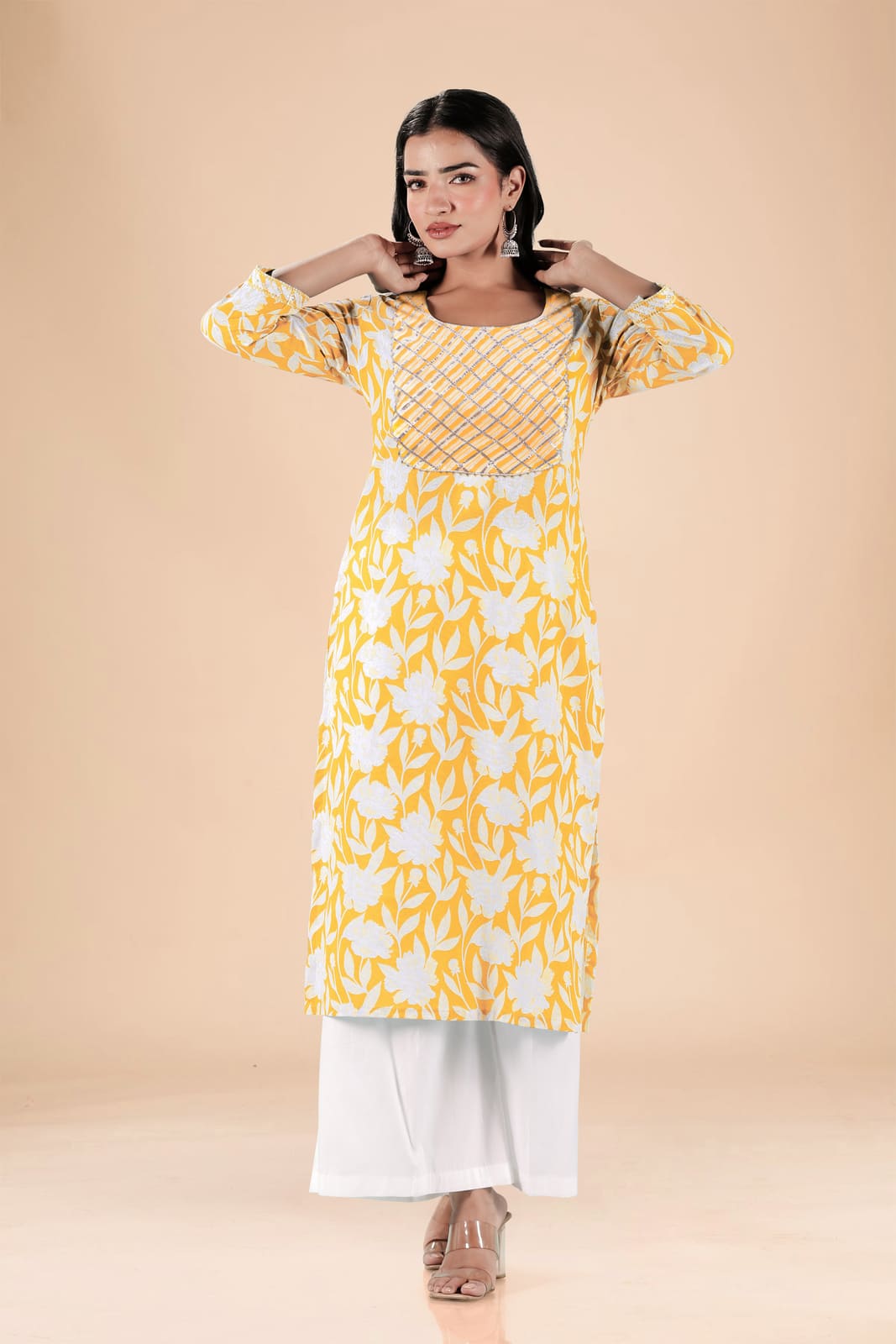 Yellow White Floral Embroidered Kurta Set