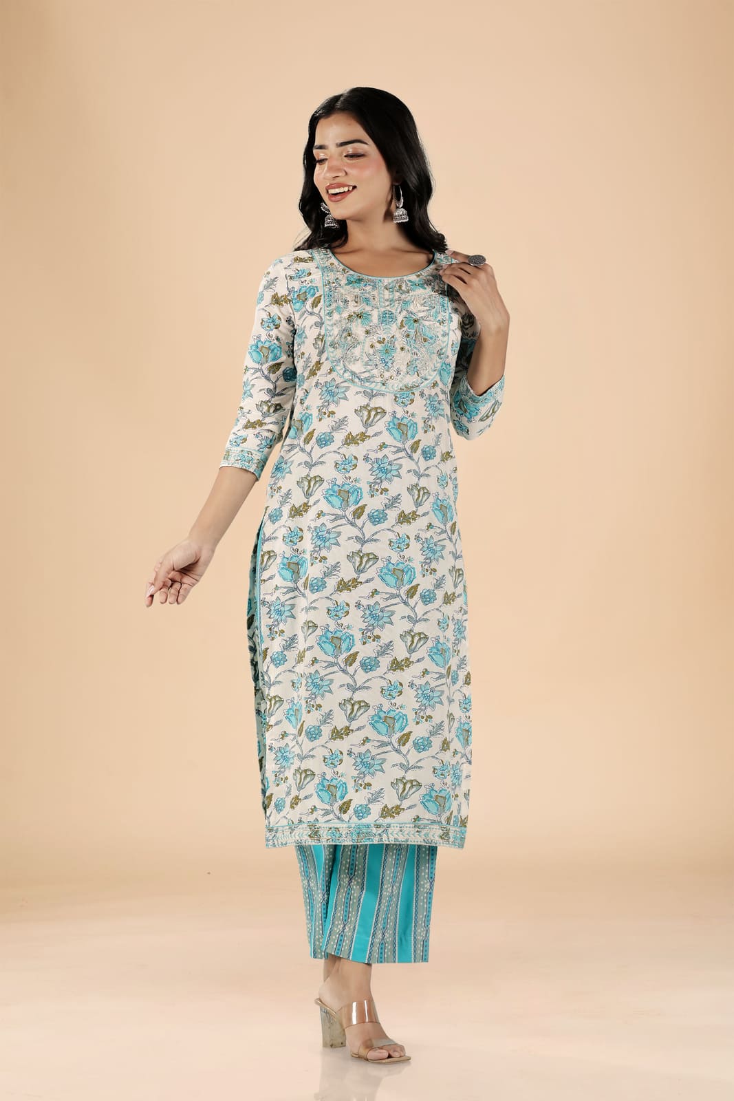 White Blue Floral Embroidered Kurta Set