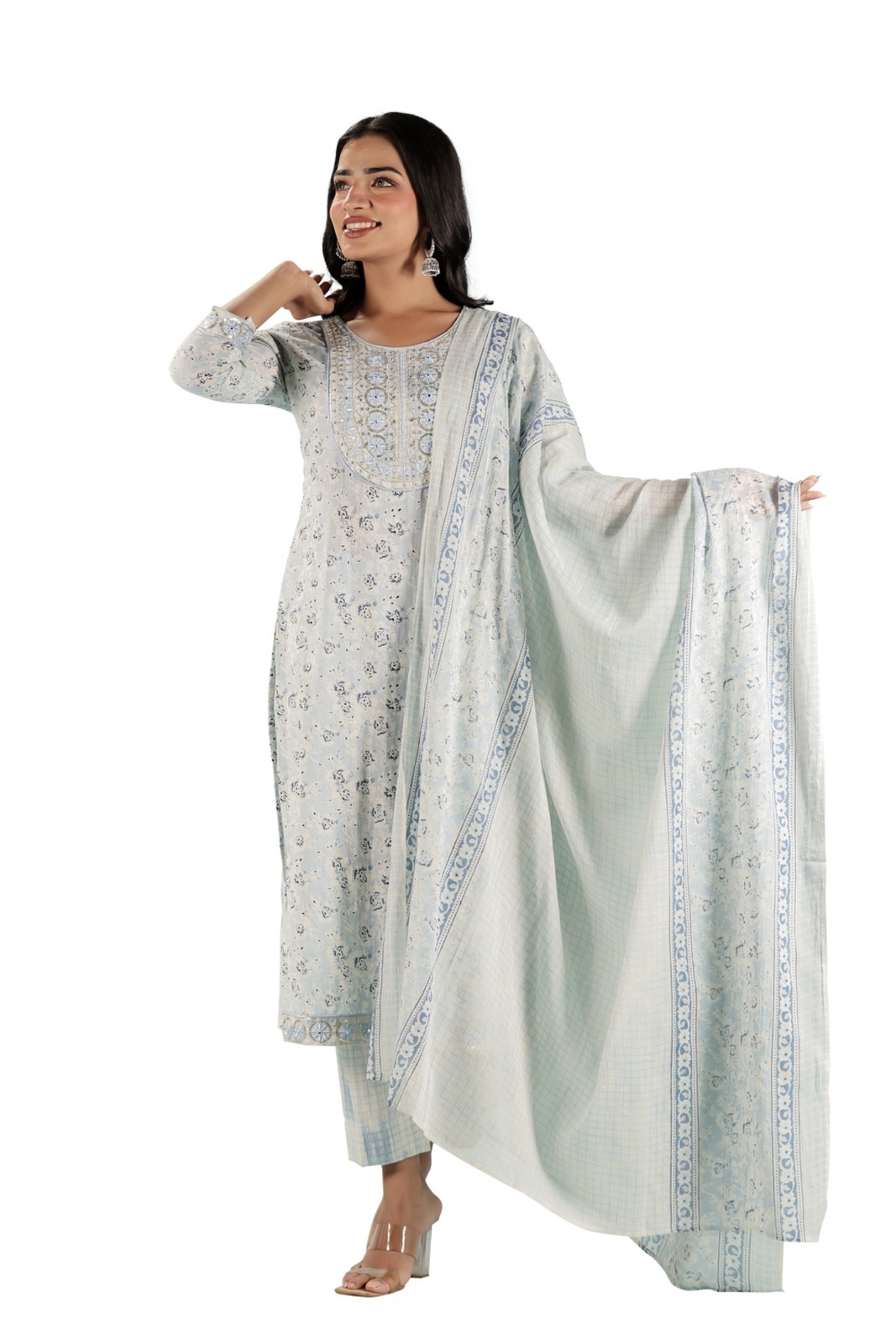 Powder Blue Floral Embroidered Kurta Set