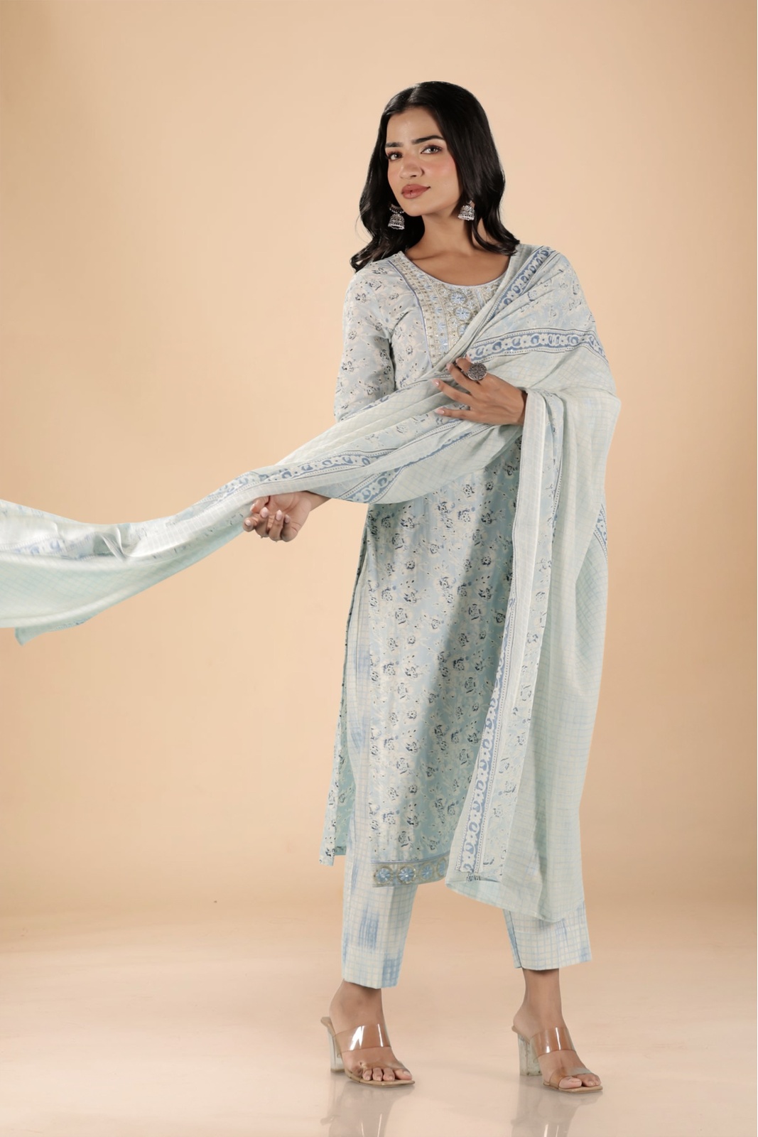 Powder Blue Floral Embroidered Kurta Set