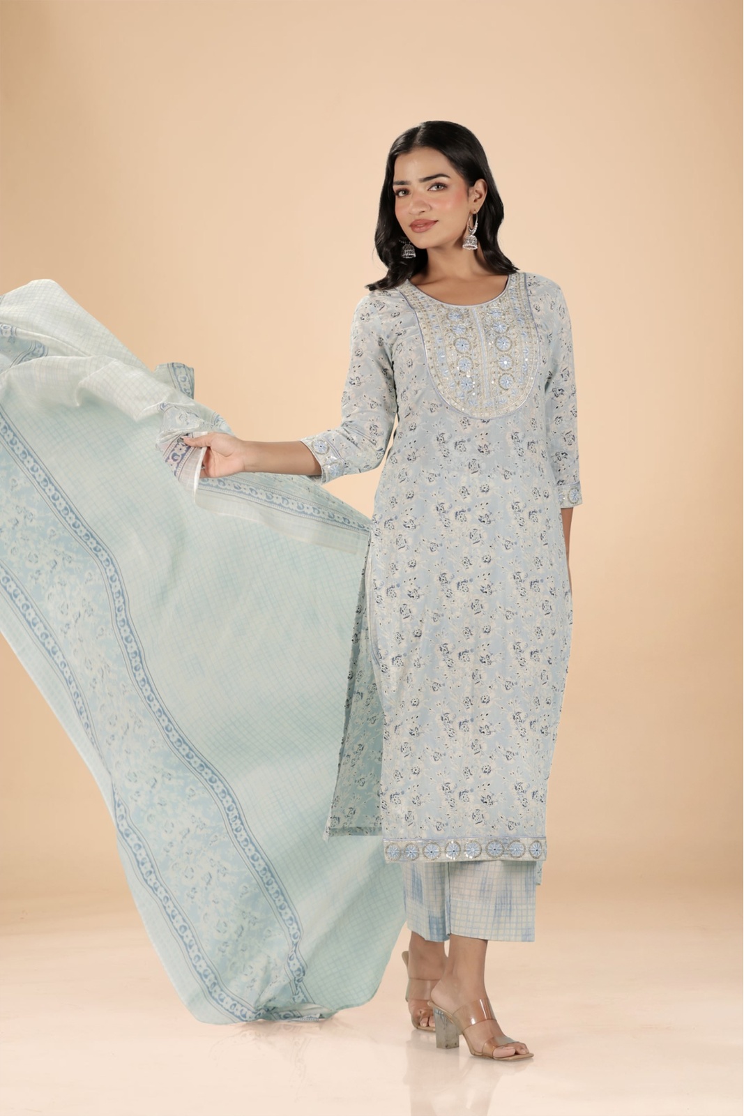 Powder Blue Floral Embroidered Kurta Set