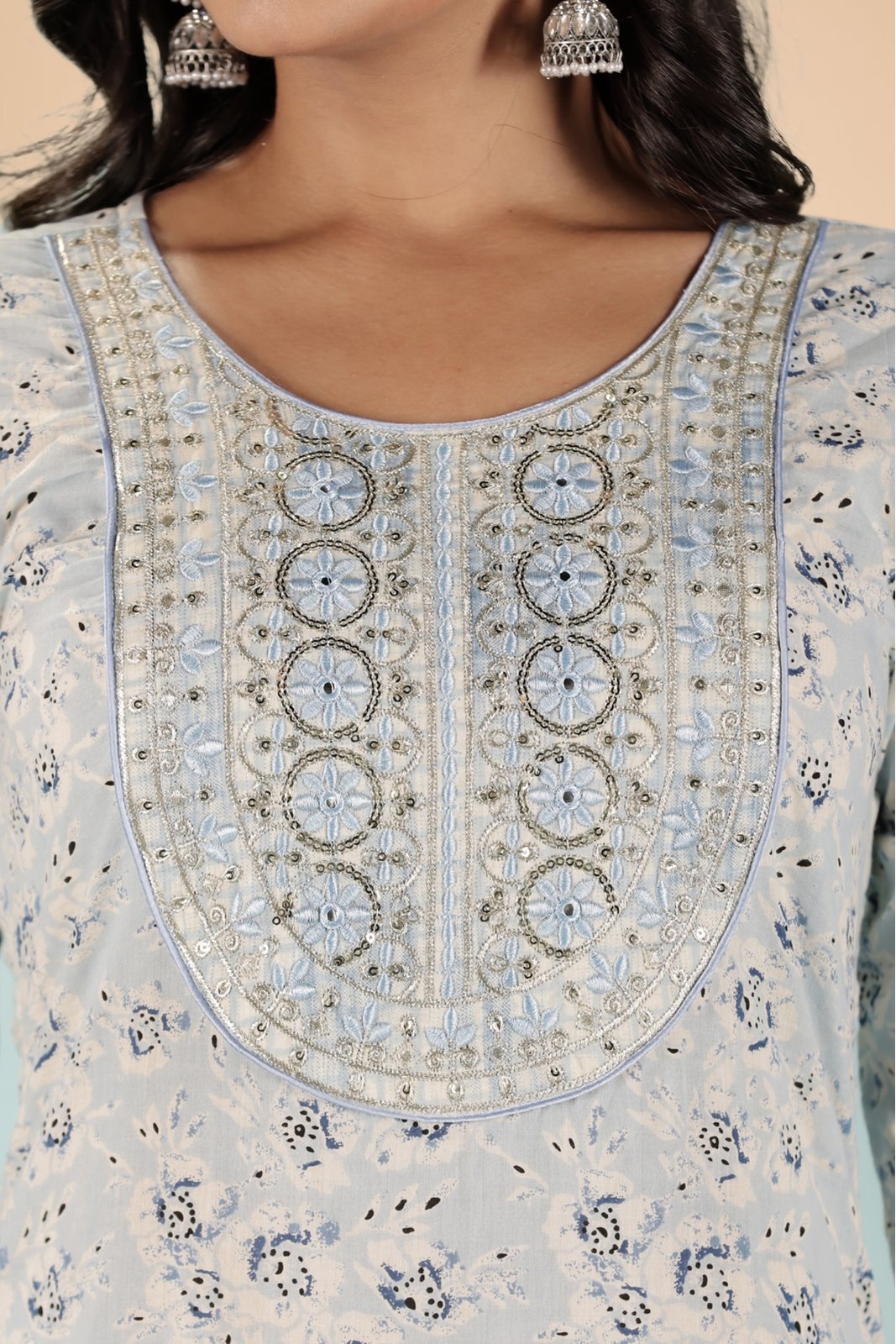 Powder Blue Floral Embroidered Kurta Set