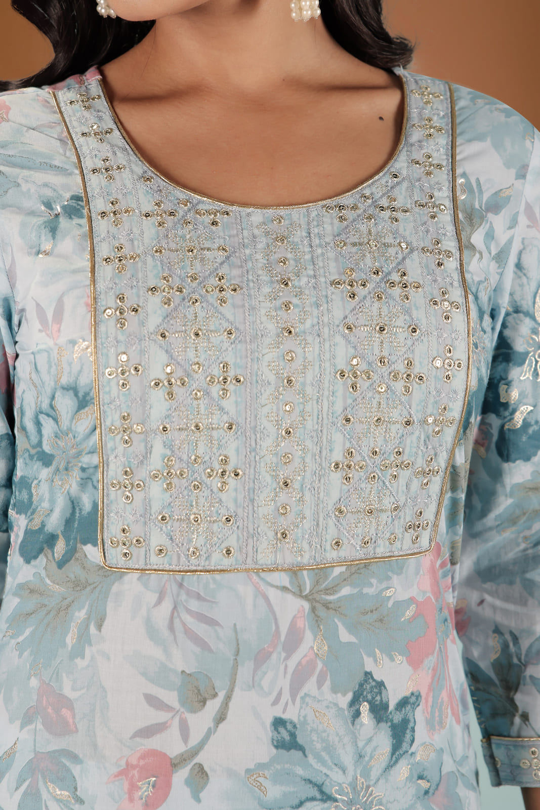 Pastel Blue Floral Embroidered Kurta Set