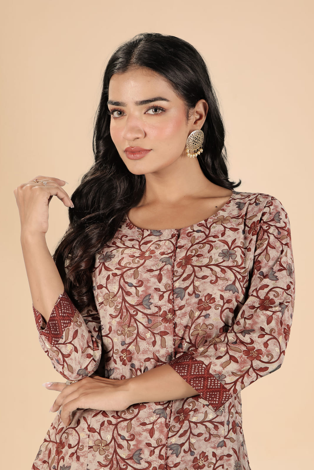 Dark Brown and Maroon Floral Kurta Set