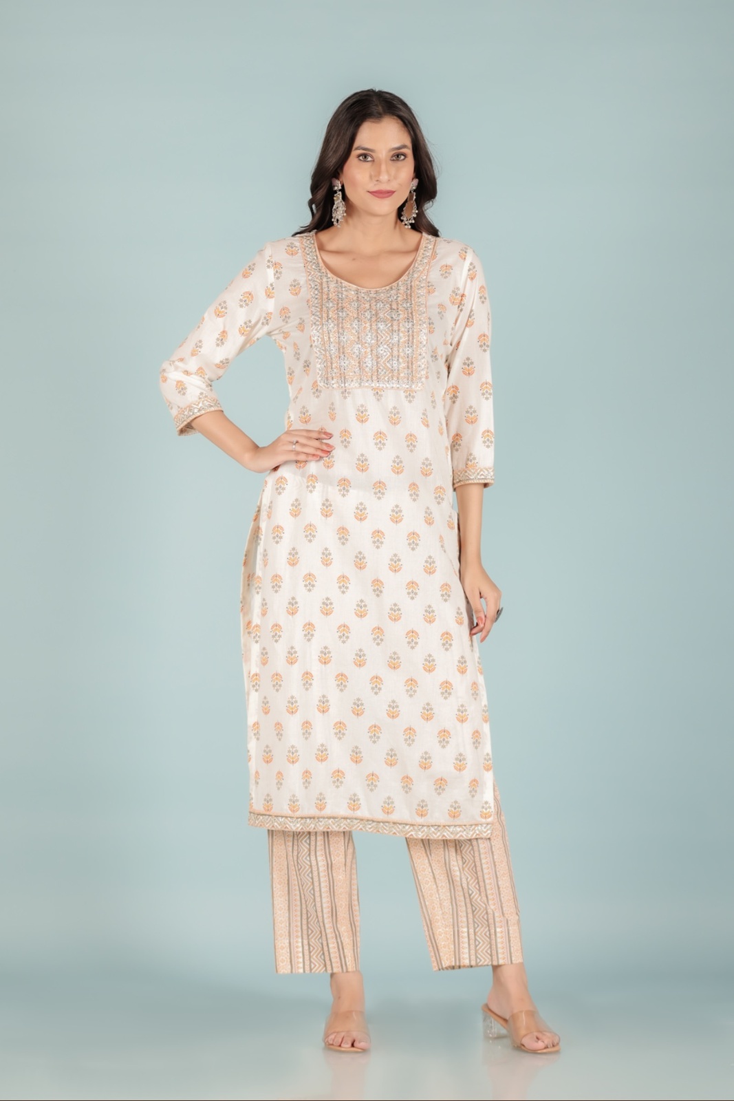 Ivory Yellow Ethnic Embroidered Kurta Set