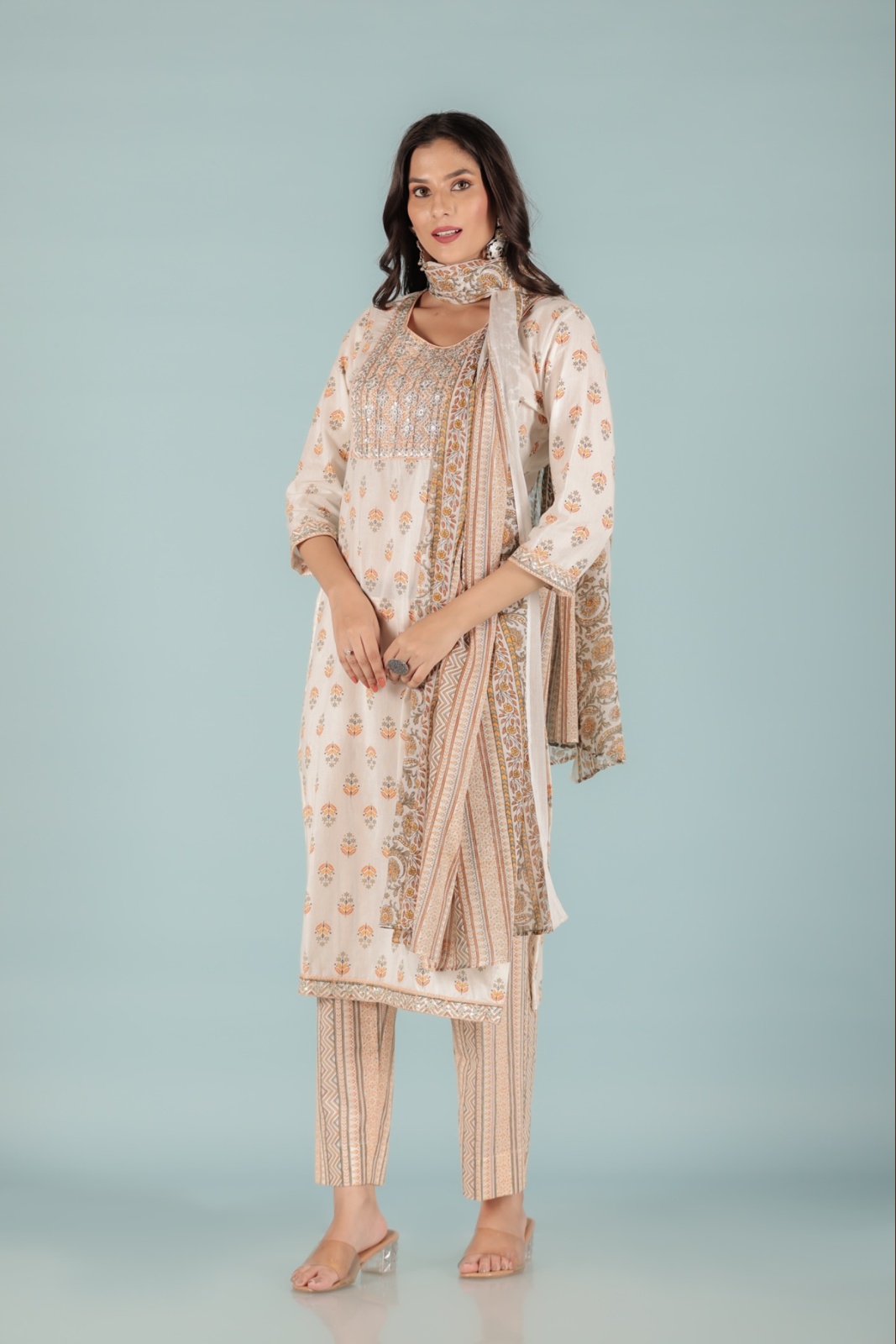 Ivory Yellow Ethnic Embroidered Kurta Set