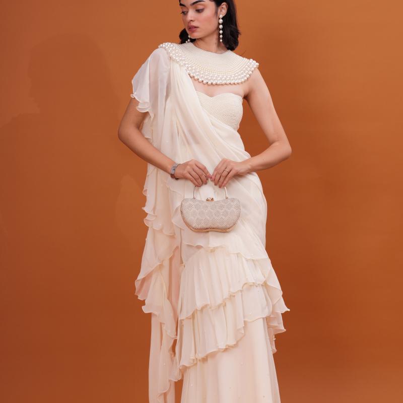Ivory Ruffle Saree with Heavy Pearl Embroidery