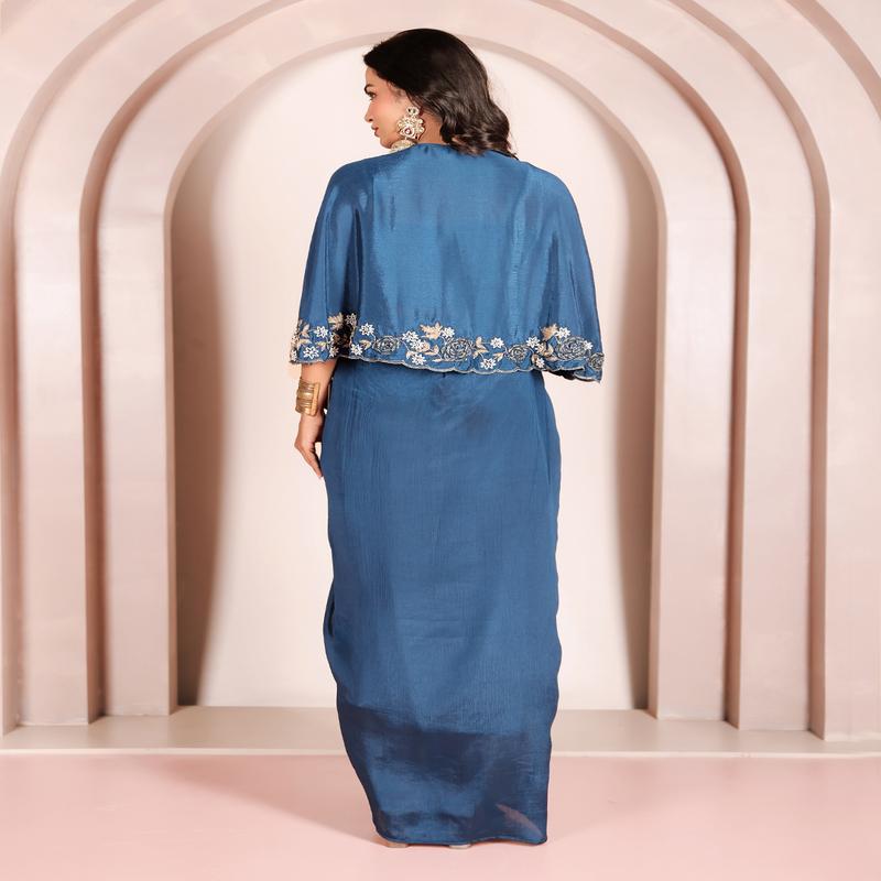 Blue crush chinon pure hand embroidered cape with blouse and drape skirt set