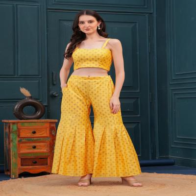 Yellow Pure Banaras imported Banarasi Blazer, crop top with sharara and set.
