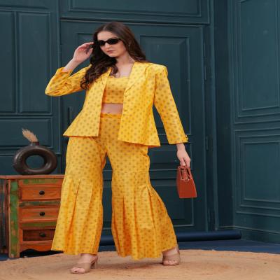 Yellow Pure Banaras imported Banarasi Blazer, crop top with sharara and set.