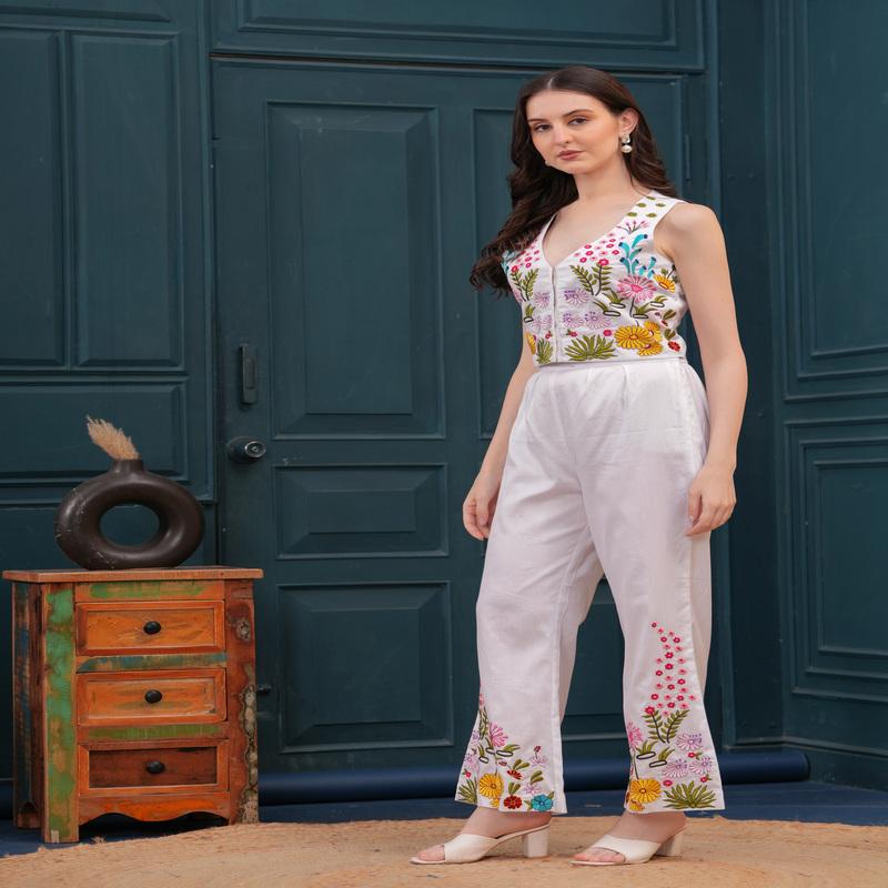 White Multicoloured hand embroidered co-ord set