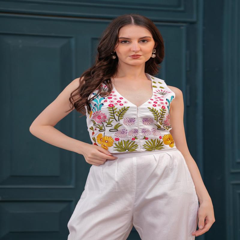White Multicoloured hand embroidered co-ord set