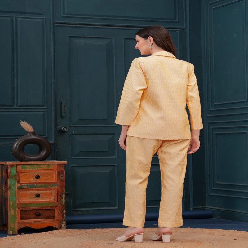Yellow Bananas Imported Pure Banarasi Blazer, Top, and Pant Set.