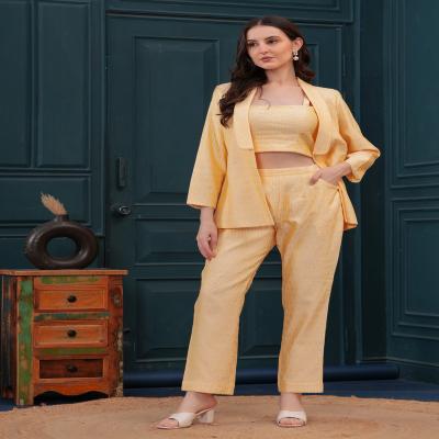 Yellow Bananas Imported Pure Banarasi Blazer, Top, and Pant Set.