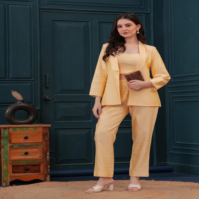 Yellow Bananas Imported Pure Banarasi Blazer, Top, and Pant Set.
