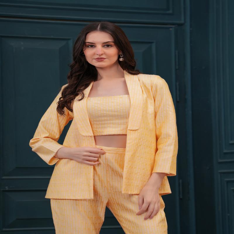 Yellow Bananas Imported Pure Banarasi Blazer, Top, and Pant Set.