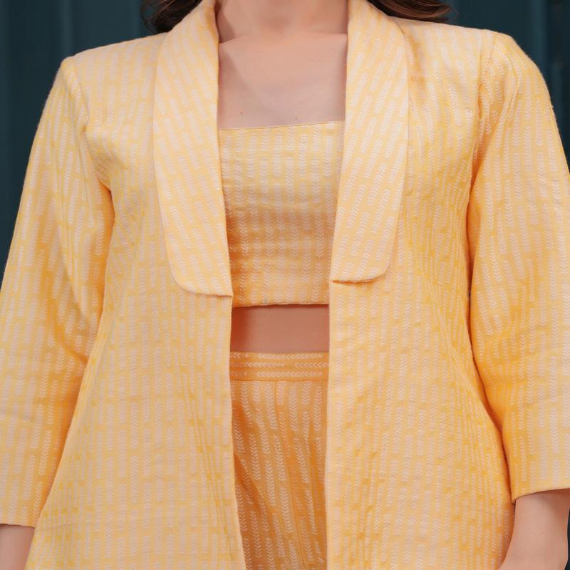 Yellow Bananas Imported Pure Banarasi Blazer, Top, and Pant Set.