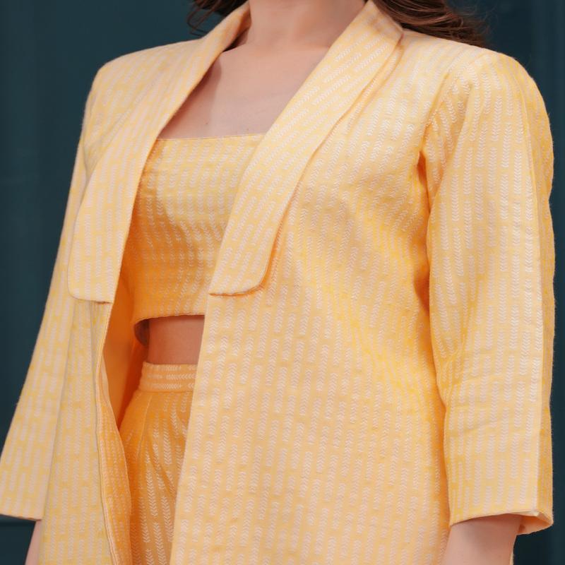 Yellow Bananas Imported Pure Banarasi Blazer, Top, and Pant Set.