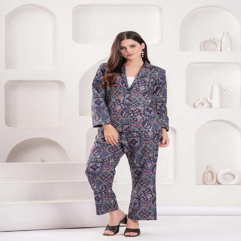 Blue Geometric-Floral Printed Pure Cotton Blazer and Pant Set