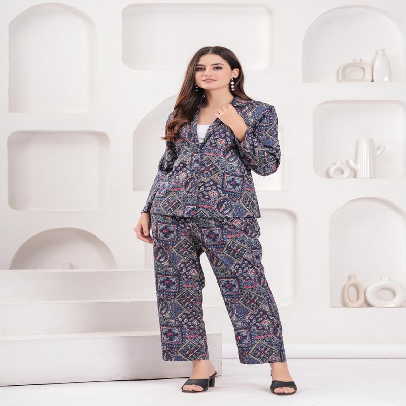 Blue Geometric-Floral Printed Pure Cotton Blazer and Pant Set
