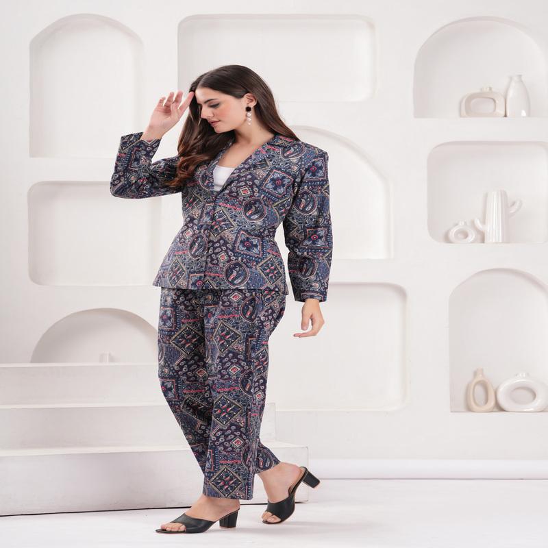 Blue Geometric-Floral Printed Pure Cotton Blazer and Pant Set