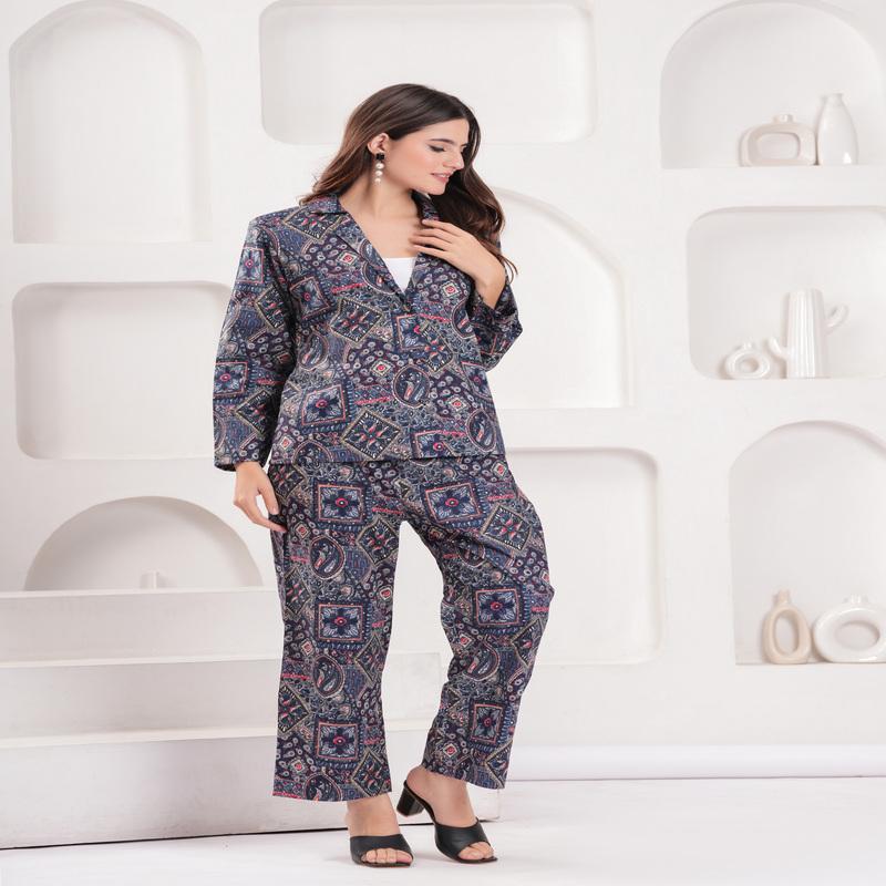 Blue Geometric-Floral Printed Pure Cotton Blazer and Pant Set