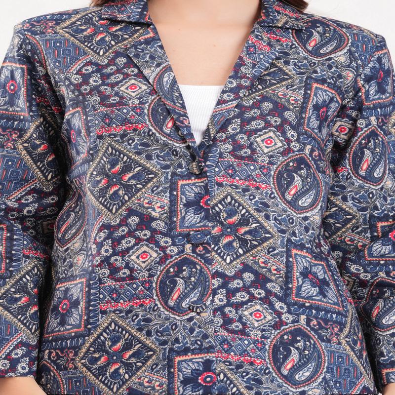 Blue Geometric-Floral Printed Pure Cotton Blazer and Pant Set