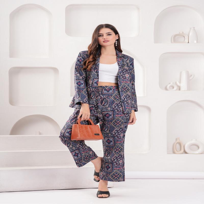 Blue Geometric-Floral Printed Pure Cotton Blazer and Pant Set