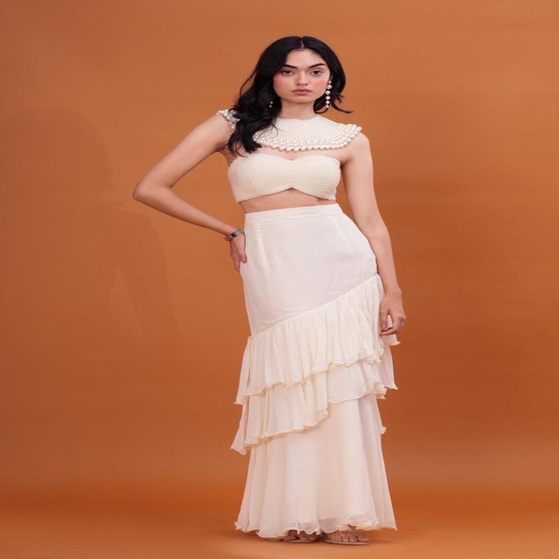 Ivory Ruffle Saree with Heavy Pearl Embroidery