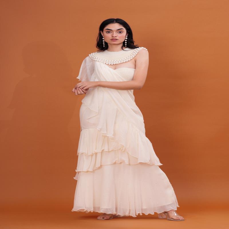 Ivory Ruffle Saree with Heavy Pearl Embroidery